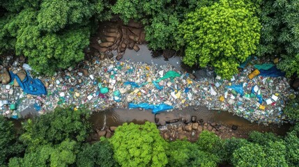 Aerial view of polluted river surrounded by lush vegetation.