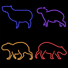capibara group of neon icons, vector illustration, on a black background.