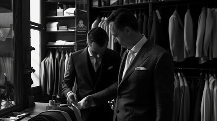 Tailoring of a men's suit in a studio. A professional tailor takes measurements for tailoring a suit in a studio. Exclusive concept of tailoring clothes to order. Men's clothing store