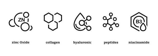 Organic cosmetic line icons set. Organic skin care components or labels. Zinc Oxide icon. Collagen, Hyaluronic, Peptides, and Niacinamide.
