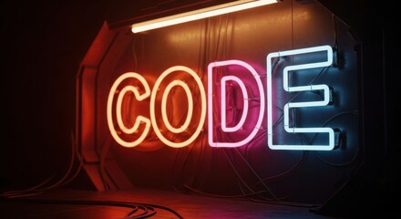 Illuminated Neon Sign Featuring the Word Code in a Futuristic Dark Room