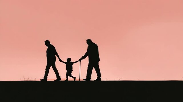 Multi generational family walking together holding hands against beautiful warm sky silhouette shot