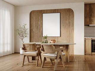 Vertical Poster Frame Mockup on Wooden Wall Behind Dining Table – Minimalist Natural Interior with Olive Tree