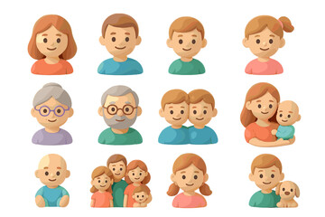 Diverse cartoon family portraits: various ages and genders