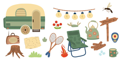 Hand drawn outing vector elements set. Camping elements vector set. Hiking and camping set. Camp equipment and nature elements.