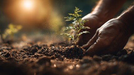Fototapeta premium Hands Planting a Young Tree Surrounded by Glowing Soil Under a Warm Sun in a Peaceful Outdoor Setting