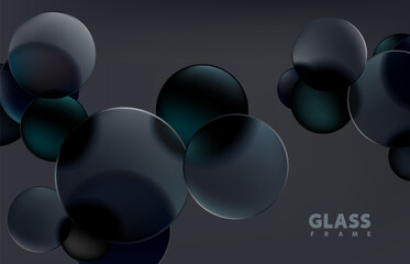  Transparent circles and balls in liquid glass style. Dark abstract geometric background.
