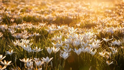 abundant field of white rain lilies glowing in golden sunlight serene nature s beauty unveiled