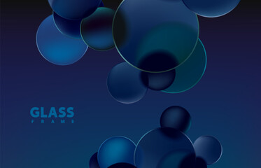 Dark  blue transparent circles and balls in liquid glass style. abstract geometric background.
