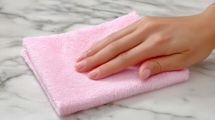 Hand cleaning with a pink soft cloth on a marble surface