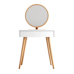 Fototapeta premium White vanity table with round wooden mirror and light wood legs