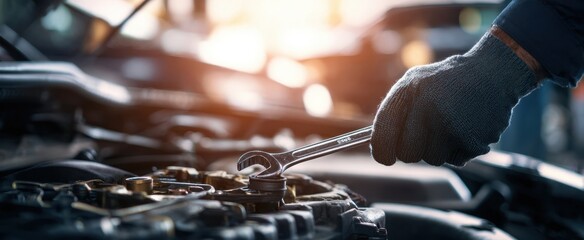 The mechanic using a wrench on an engine during an automotive repair session.