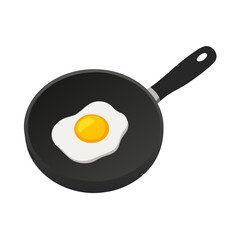 Flat design illustration of a fried egg in a black frying pan isolated on transparent background