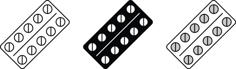 Round pills in a blister pack icon in lined and colored style. Vector illustration