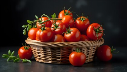 A wicker basket filled with fresh tomatoes on a dark background