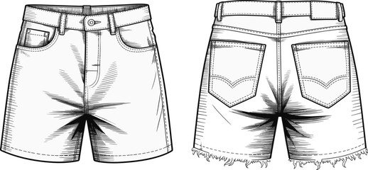 High-Quality Top View Denim Shorts CAD Vector Drawing for Fashion Design