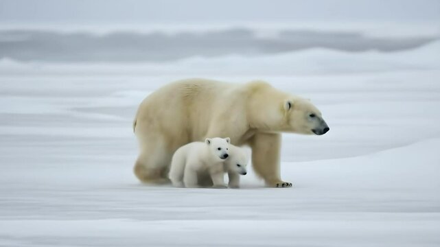 Polar bear family walking across frozen snowy landscape in Arctic wilderness