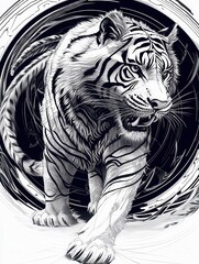 Striking Black and White Tiger Illustration with Dynamic Design