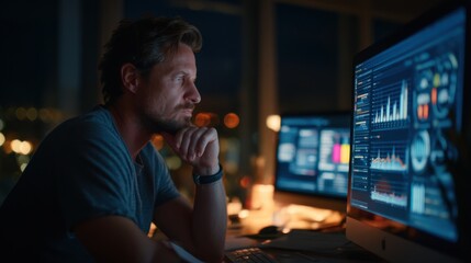Focused man analyzing data charts on computer screens at night