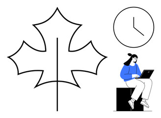 Maple leaf outline, clock, person with laptop. Ideal for productivity, time management, remote work, education, focus nature mindfulness. Combines technology and nature in a simple flat metaphor