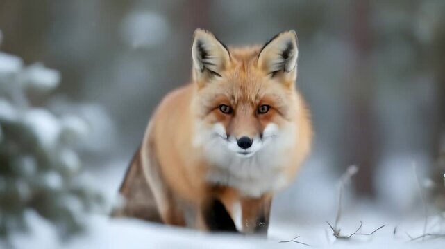 Red fox walking through snow during winter snowfall, beautiful scene in cold nature