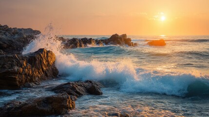 Rocky coastline during sunset with dramatic waves crashing against the rocks