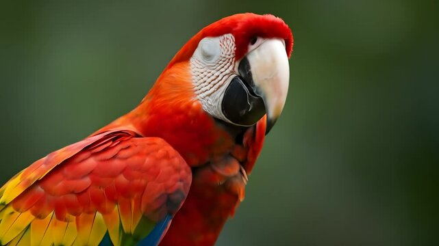 Colorful scarlet macaw perched on mossy branch in tropical rainforest, vibrant bird footage