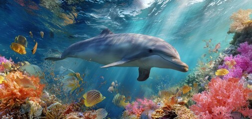 Obraz premium The dolphin swimming gracefully through vibrant coral reefs in the ocean.