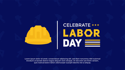 Labor Day greeting horizontal background with construction helmet on blue background. USA Labor Day background template with tools pattern on blue