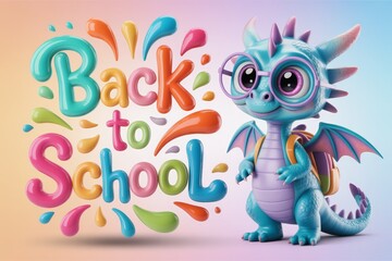 Fototapeta premium Back to School Baby Dragon – Whimsical 3D Illustration with Melting Typography Generative AI