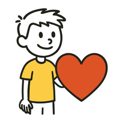 Obraz premium Smiling Boy with Large Red Heart. Cute Kids, Valentine Concept, Simple Hand-Drawn Love Vector Illustration