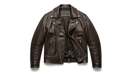 A dark brown leather biker jacket is laid flat on a white background, showcasing its design and texture.