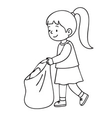  A cheerful black and white line art illustration of a young girl with a ponytail, smiling and holding a large, open bag collecting trash