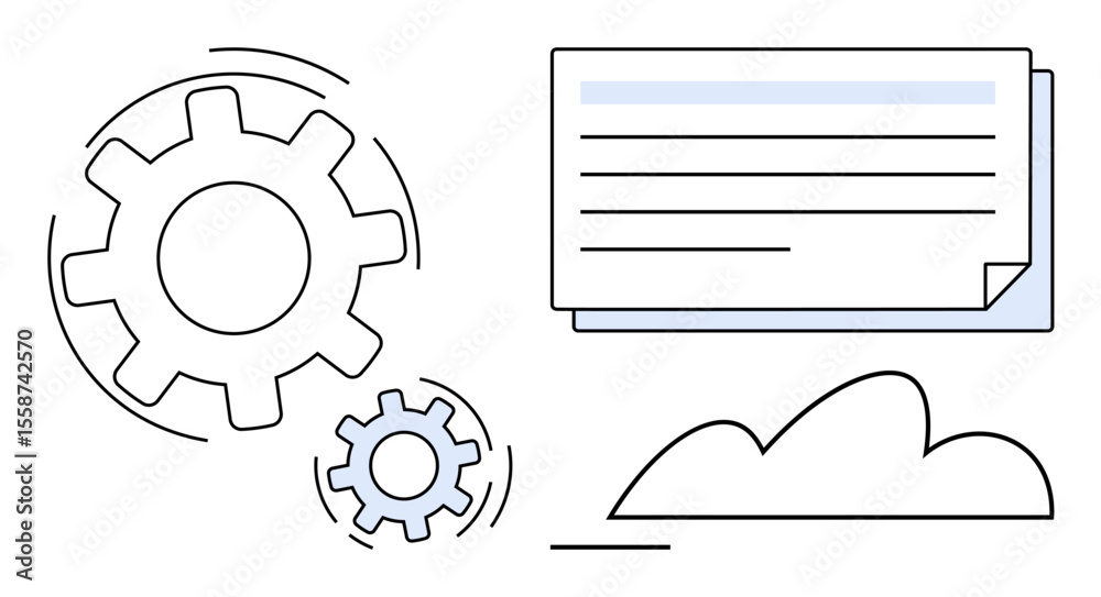 Wall mural gears in motion reflect process optimization, positioned near a document for organization and a clou
