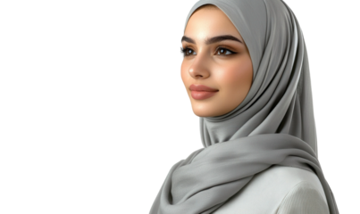 Elegant woman wearing light gray hijab gazing thoughtfully into distance with a serene expression, highlighting beauty and cultural diversity in modern fashion
