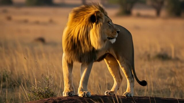 Majestic African lion standing at sunrise in golden savanna, king of the wild captured in beauty