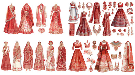 Vibrant watercolor illustration of Indian bridal dresses and jewelry in red and gold tones, ideal for wedding themes, fashion, and cultural content.

