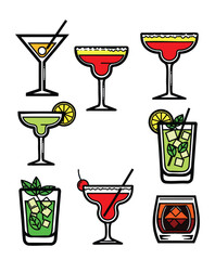 Diverse Colorful Cocktail Glass Icons Set