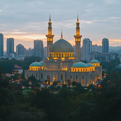 Obraz premium Majestic mosque at dawn, cityscape backdrop