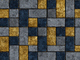 Close-up image of a patterned gray and yellow paver surface with a mosaic-like arrangement, set against a dark blue background Glossy tiles have distinct colors black, gold, and gray - AI-Generated