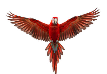 Obraz premium A red scarlet macaw bird, its wings spread out. Suitable for website backgrounds or marketing materials for nature, wildlife, isolated on white or transparent background. PNG
