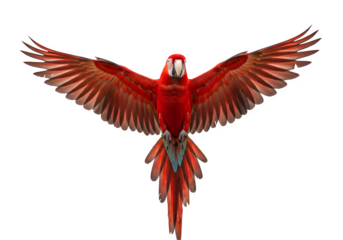 A red scarlet macaw bird, its wings spread out. Suitable for website backgrounds or marketing materials for nature, wildlife, isolated on white or transparent background. PNG