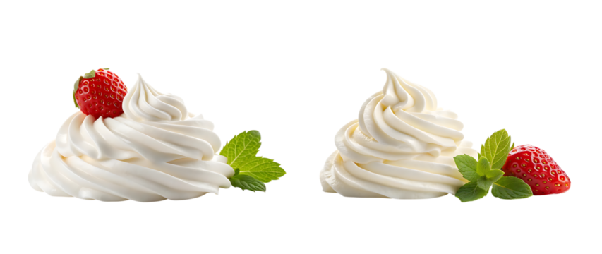 Whipped cream swirls with strawberry and mint garnish on transparent background