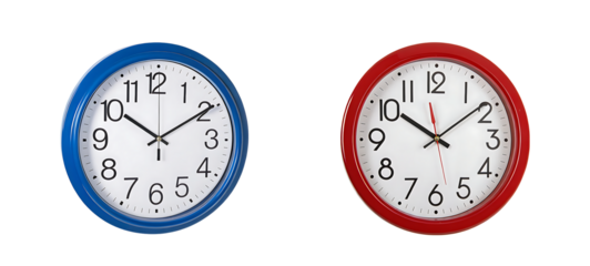 Two wall clocks: blue and red timepieces on transparent background