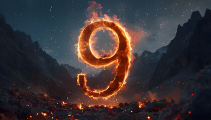 Burning Number Nine: Fiery Digit Amidst Rocky Landscape