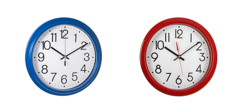 Two wall clocks: blue and red timepieces on transparent background