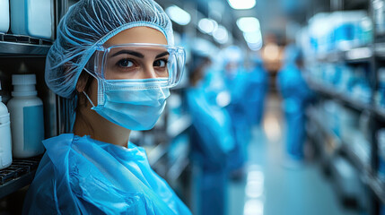in pharmaceutical lab environment, professional pharmacist wears sterile gloves and goggles while carefully measuring liquid medicine for patient prescriptions amidst busy setting