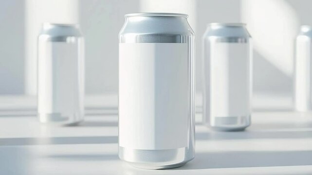 Close-up of multiple silver beer cans with blank surface as mockup, condensation, metallic texture, background