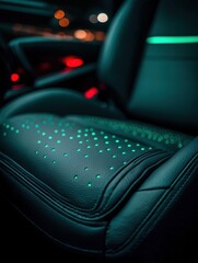 Close-up of a stylish car seat with ambient lighting effects.