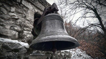 Fototapeta premium Aged, weathered bell against a stone wall in winter.